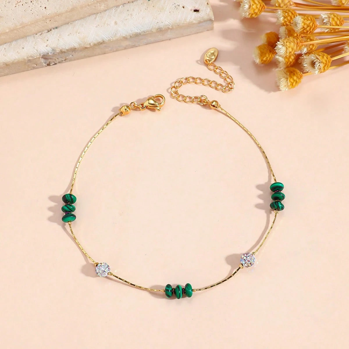 Two Layer Beaded Alloy Anklet Malachite Black Stone Rhinestone Adjustable Foot Bracelet Summer Beach Casual Occasion