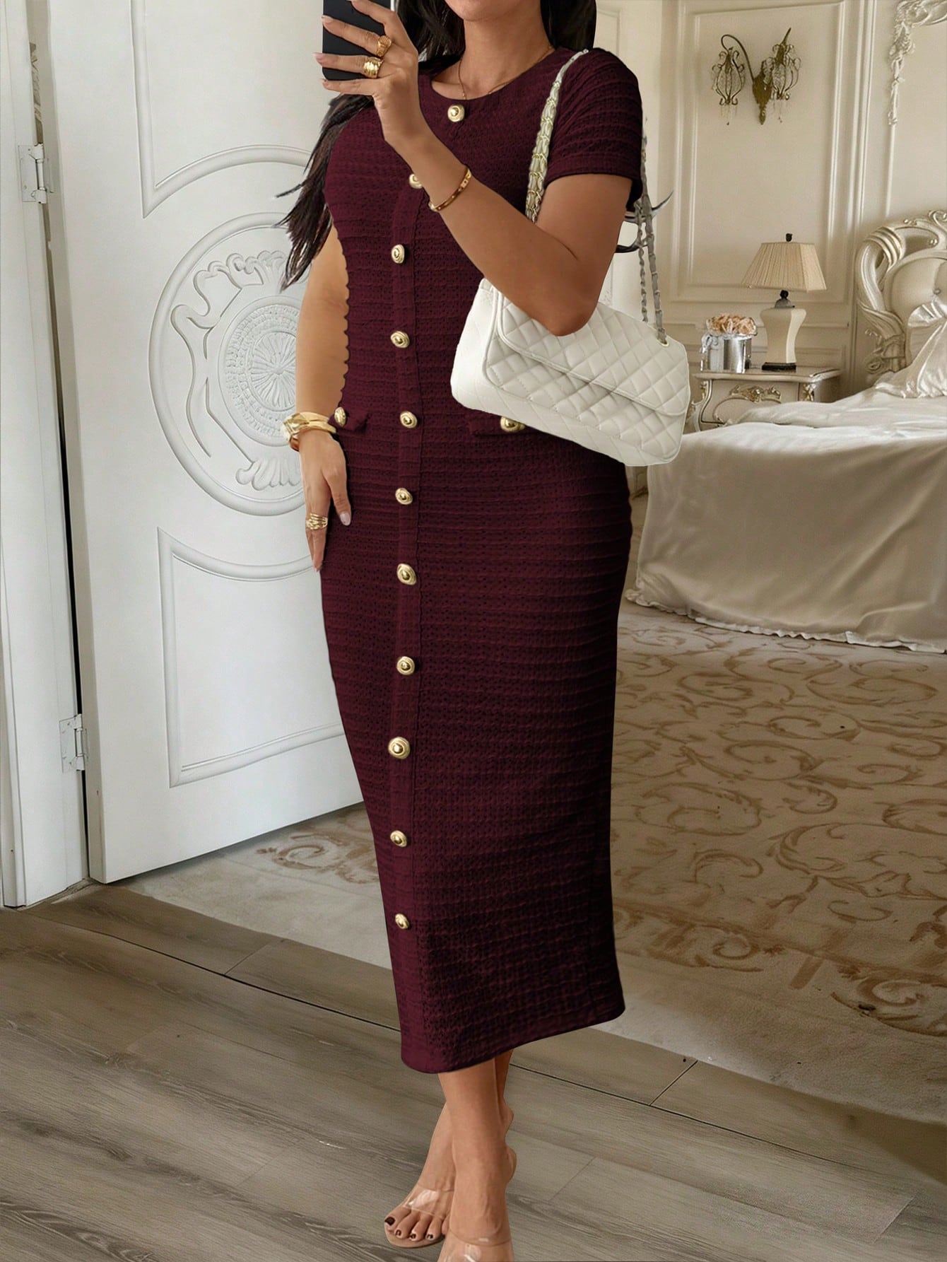 Unadoll Women Fall Burgundy Tweed Midi Dress, Short Sleeve Button Bodycon Dress With Back Slit For Birthday Party Fall Date Night Elegant Summer