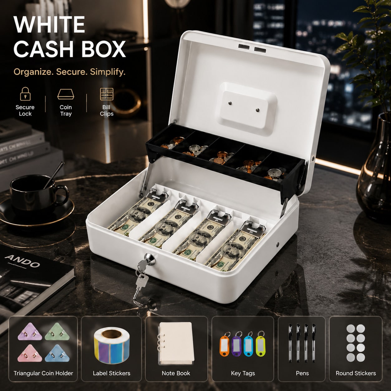 UPPVU-Anti-Theft Lockable Double-Layer Cash Box, Multi-Compartment Banknote And Coin Storage Box, Iron Cash Box For Stalls, Shops, And Home Use
