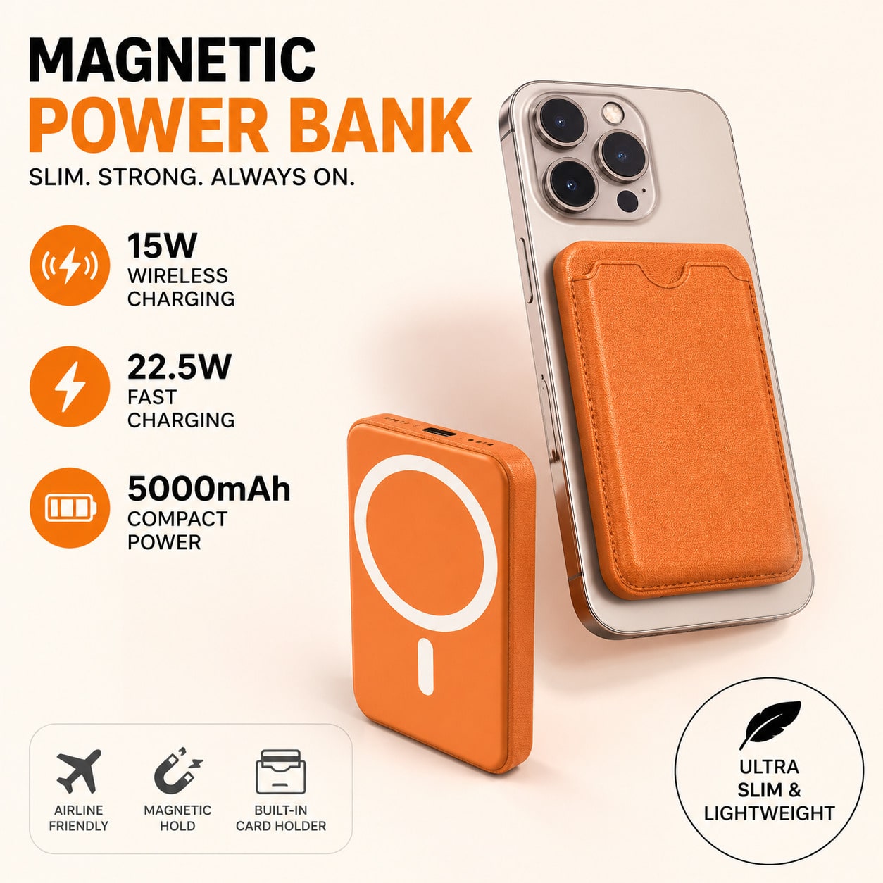 Vacation Essential 5000mAh Magnetic Wireless Power Bank Wallet 15W Wireless Charging 22.5W Wired Fast Charging Card Slot Ultra Slim Portable Battery Pack Summer Travel Compatible With IPhone 15 Pro Ma