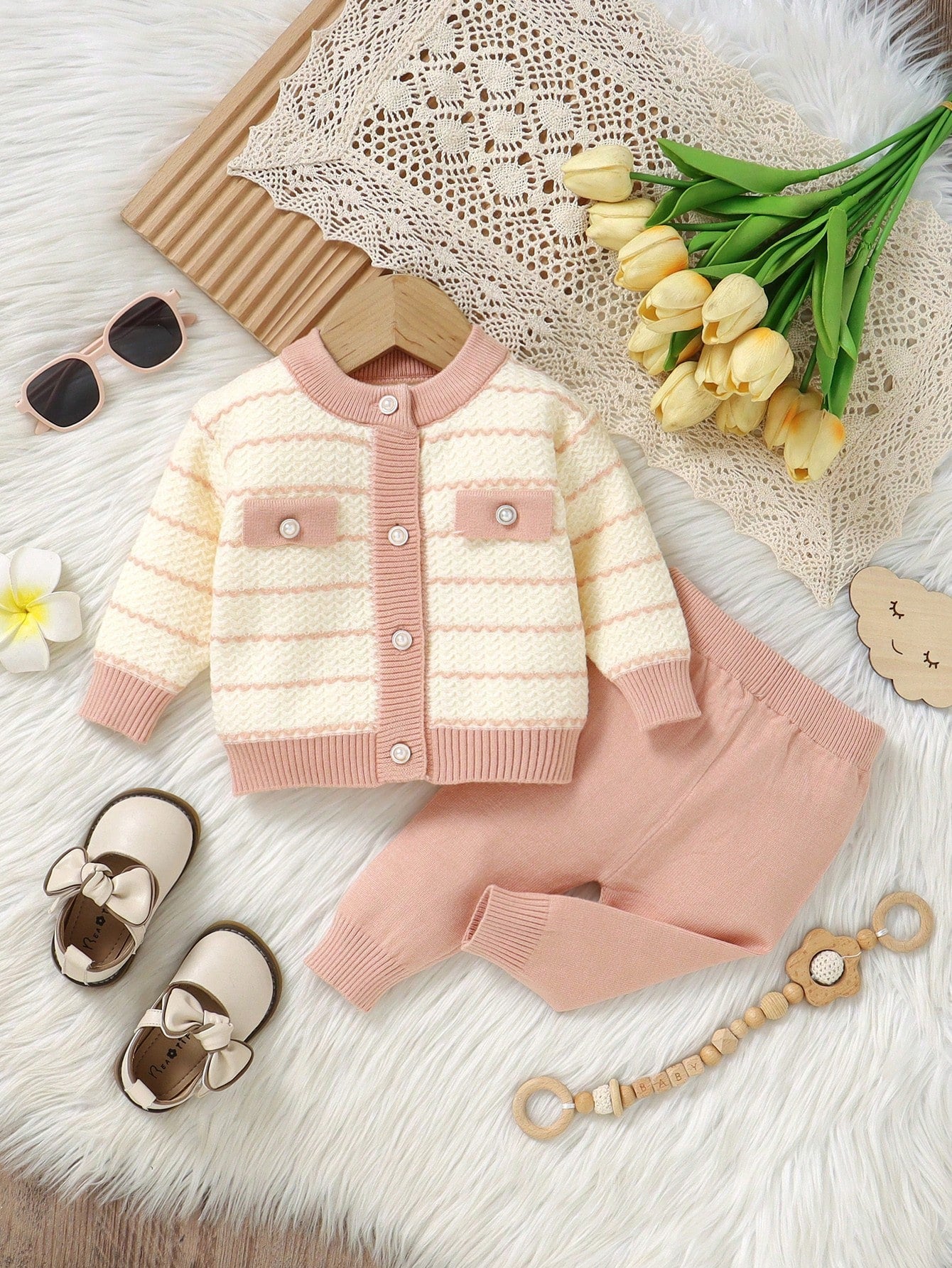 Vintaside Kids 2pcs Baby Girl Pink And White Striped,Autumn,Elegant,Party Long Sleeve Cardigan With Fake Pocket & Knitted Pants Set,Soft Comfortable Infant Clothes