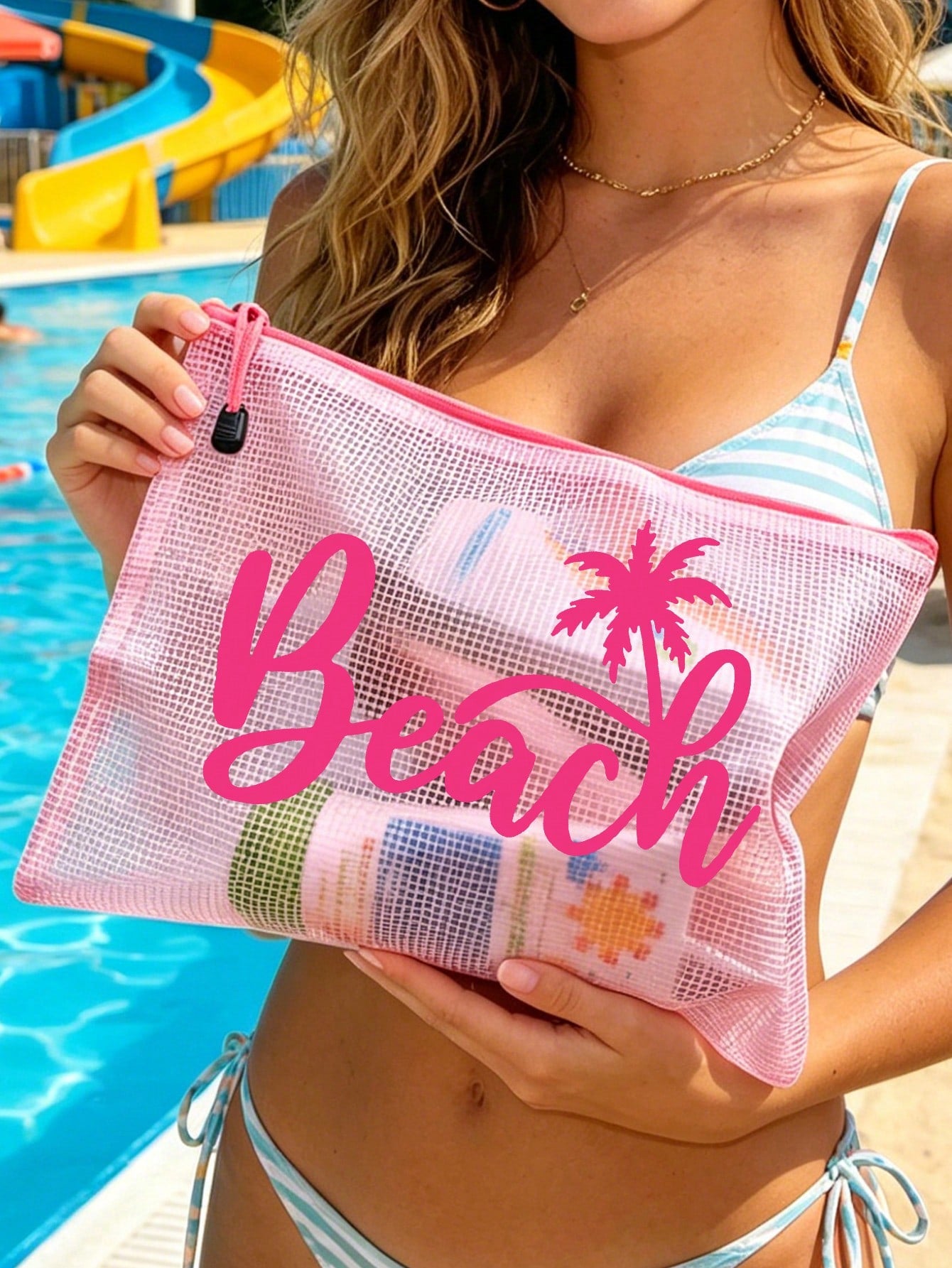 Waterproof Fashion Beach Bag With "Beach" Coconut Tree Pattern, Large Capacity, Transparent, Nylon Zipper, Lightweight, Suitable For Spring/Summer Storage, Especially For Swimming, Beach, Diving And S
