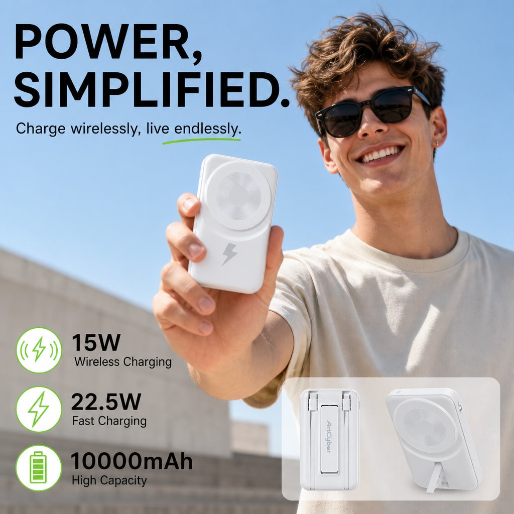 White 10000mAh Magnetic Portable Battery With 15W Wireless And 22.5W Fast Charge Output, With Digital Battery Indicator, Slim Rectangular Case And Kickstand For Desk Or Bedside Use, Made For Magnetic
