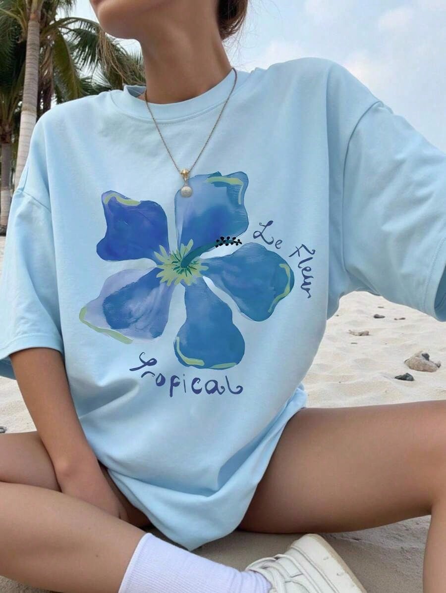 Women Floral Print Oversized Round Neck Drop Shoulder Casual T-Shirt,Vacation T-Shirts, Seaside T-Shirts, Casual Daily T-Shirts2026