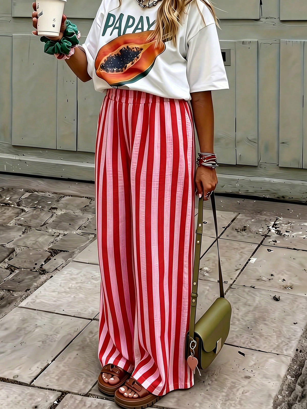 Women's Blue & White Striped Woven Wide Leg Casual Beach Pants, Spring/Summer Striped Pants With Pockets For Holiday Wear Pink, Resort Wear