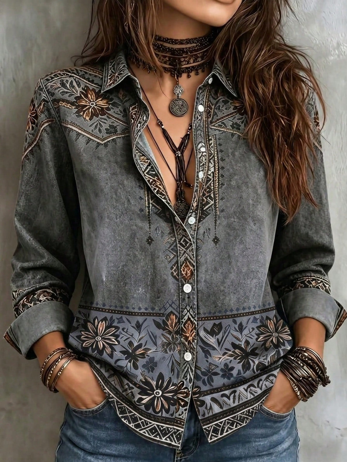 Women's Bohemian Floral Print Shirt, Long Sleeve Lapel Collar Top, Suitable For Autumn Wear, Long Woven Fabric Top, Unique Details
