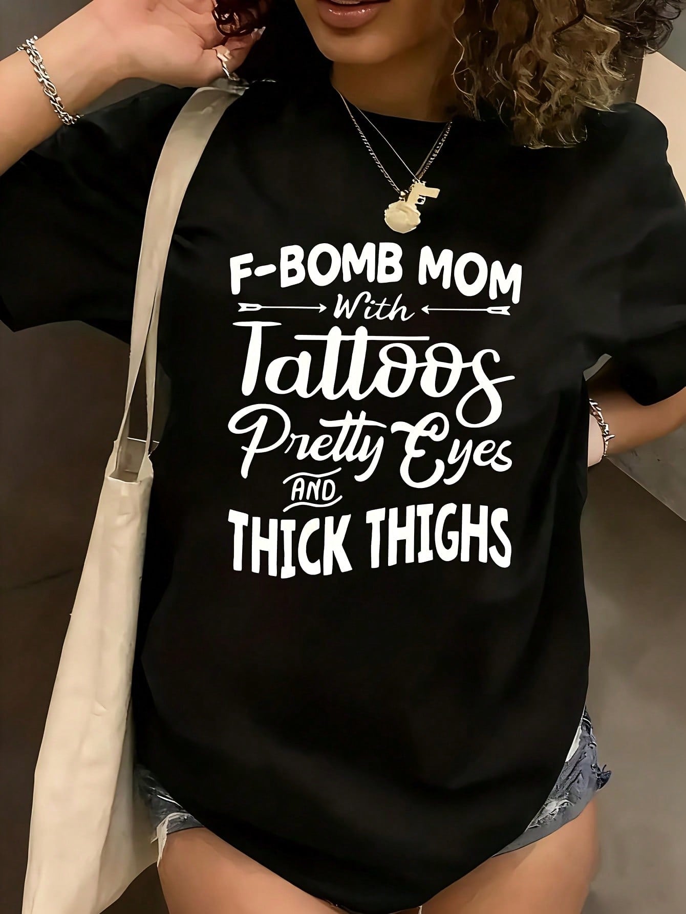 Women's F-Bomb Mom Graphic- "With Tattoos Pretty Eyes And Thick Thighs" Design Plus Size T-Shirt Oversized Graphic Short Sleeve 1 Pcs Tee Novelty 100% Polyester Shirt Casual Crew Neck Top 220g