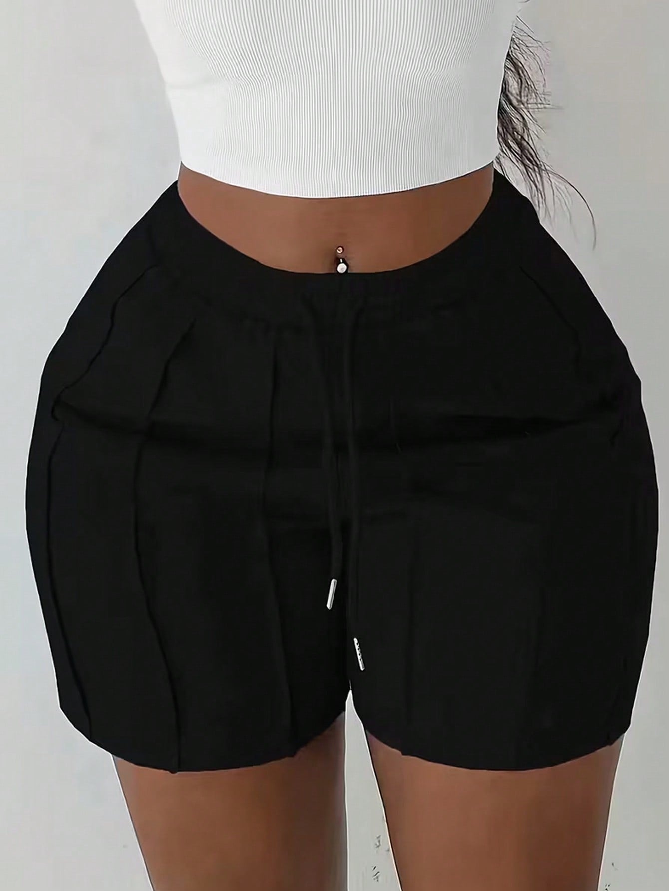 Women's Fashion Solid Color Drawstring Shorts, Casual Elastic Waist Slant Pocket Shorts, Folded Design Sports Black