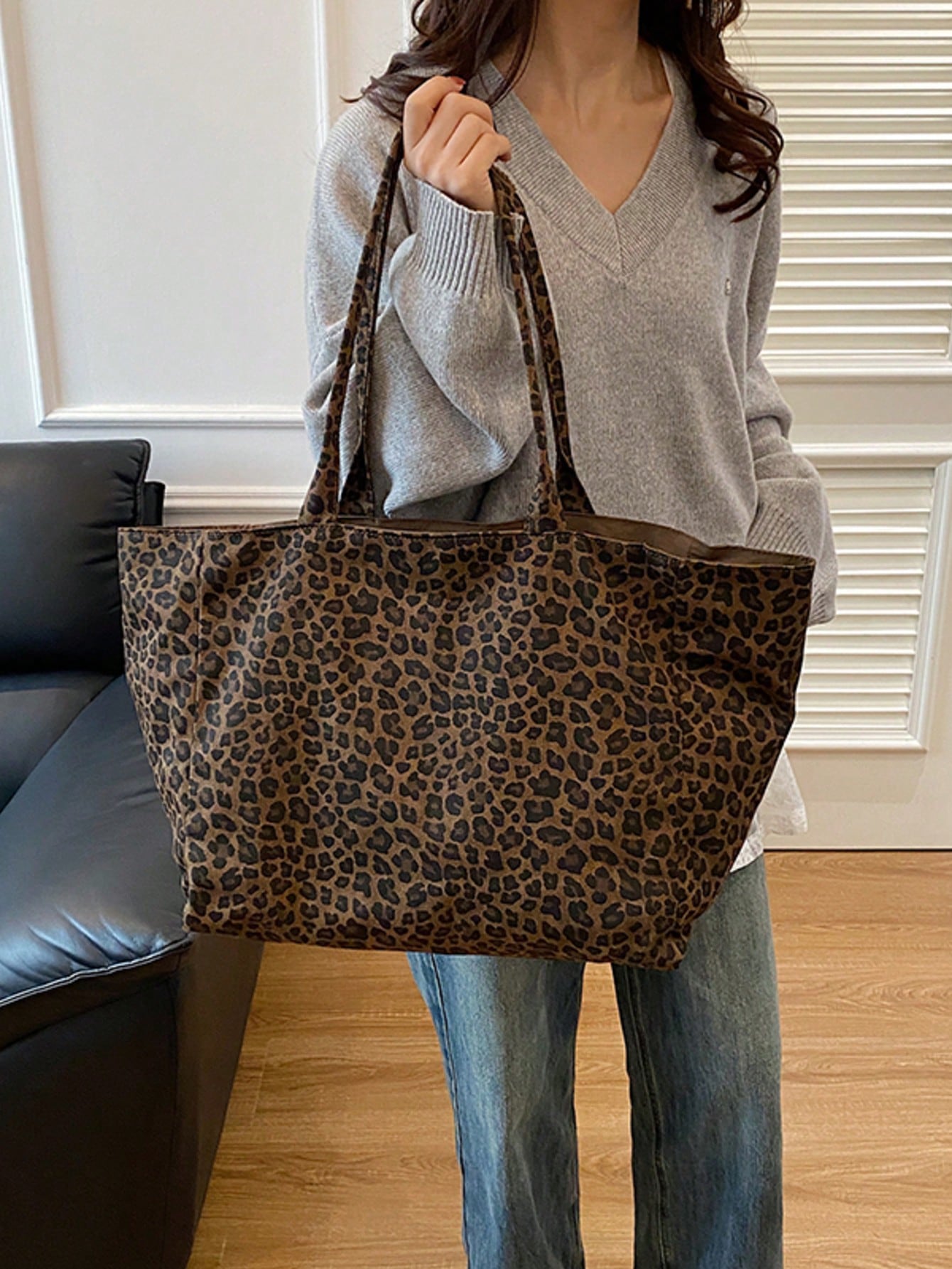 Women's Minimalist Versatile Leopard Print Fabric Multi-Pocket Tote Bag, College Style Large Capacity Student Back To School Vacation Handbag, Lightweight Casual Outdoor Travel Shopping Shoulder Bag