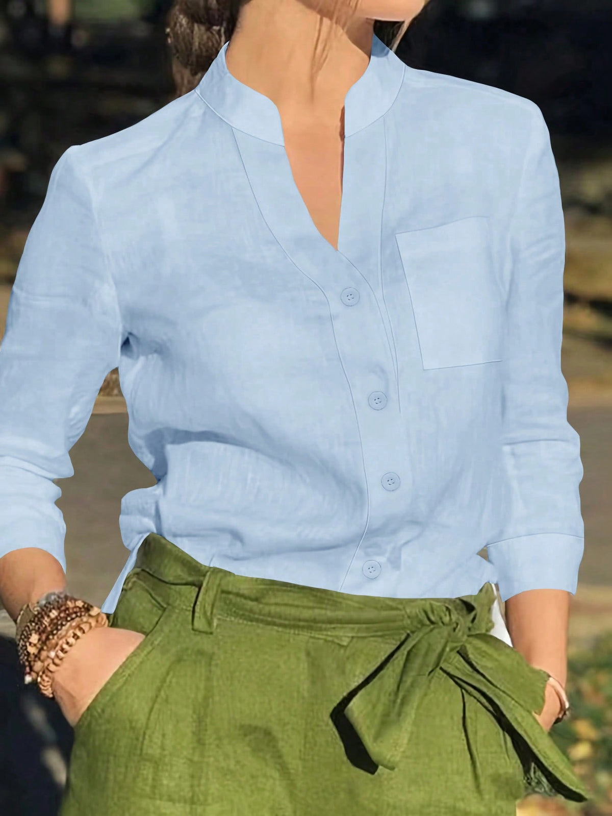 Women's Solid V Neck Button Down Shirt, Long Sleeve Casual Elegant Blouse With Pocket, Daily, Holiday, Travel, Spring Summer Fall Winter Essential
