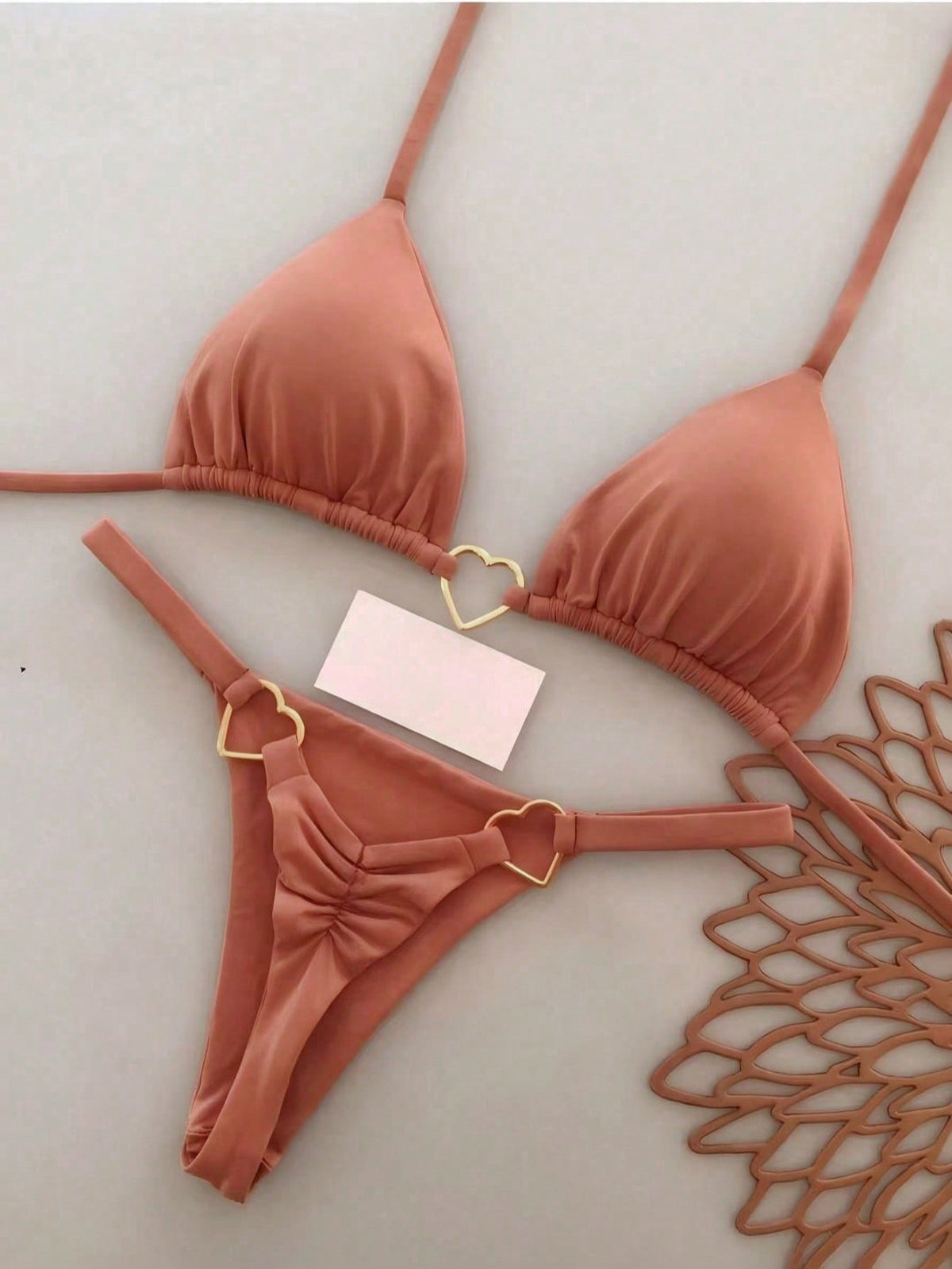 Women's Summer Beach Solid Color Halter Tie Casual Bikini And Triangle Panty Swimwear Set Vacation