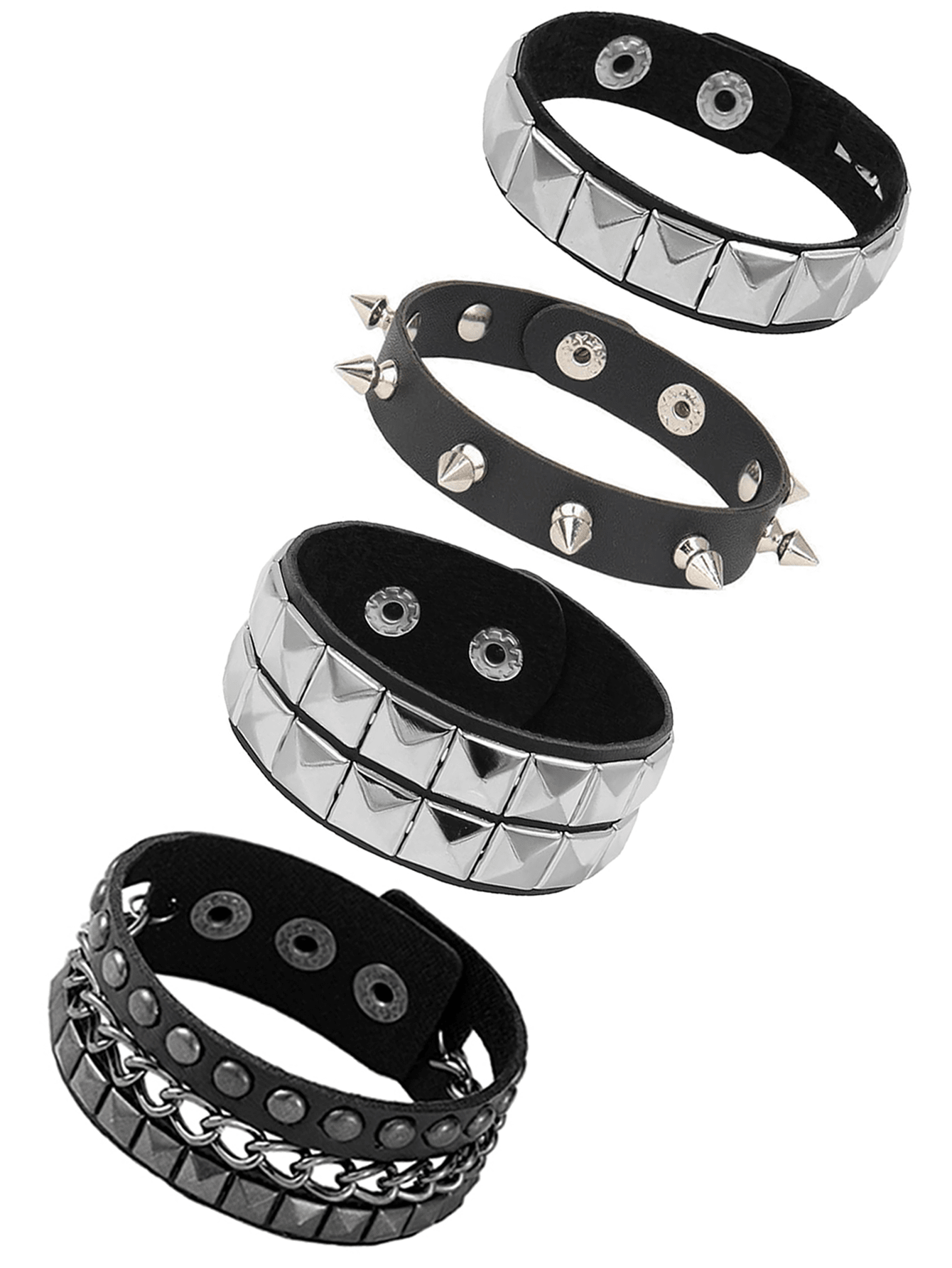 Yanxyad Punk Style Rivet Leather Bracelet, Unisex PU Leather Rivet Bracelet, Punk Rock Rivet Bracelet Set, Black Leather Rivet Punk Bracelet Wrap-Around Bracelet Snap Wristband, Gift Set For Men And W