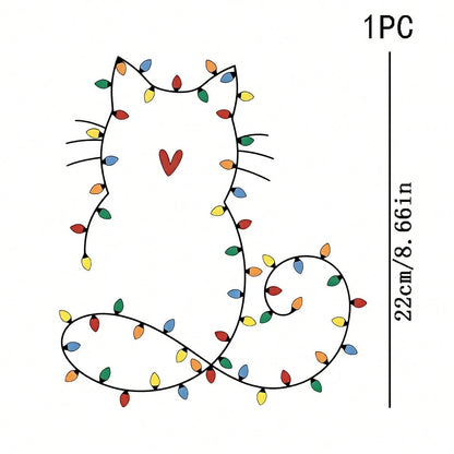 1/2/3PCS Durable Washable Heat Transfer Vinyl, Colorful Christmas Light Outline Cat Silhouette With Red Heart Chest Minimalist Line Style Christmas Pet Pattern, Heat Transfer Sticker, Iron-On Transfer