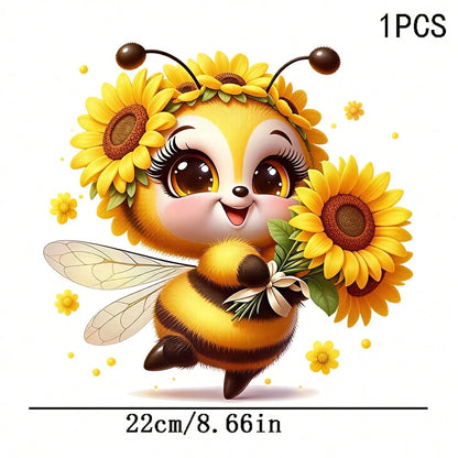 1/2/3PCS Durable Washable Iron-On Transfer, Cartoon Plush Bee Wearing Sunflower Holding Bouquet Pattern Color Block Heat Transfer, Vinyl Print, Heat Transfer Sticker, Iron-On Transfer Iron-On Sticker