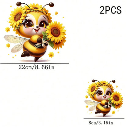 1/2/3PCS Durable Washable Iron-On Transfer, Cartoon Plush Bee Wearing Sunflower Holding Bouquet Pattern Color Block Heat Transfer, Vinyl Print, Heat Transfer Sticker, Iron-On Transfer Iron-On Sticker