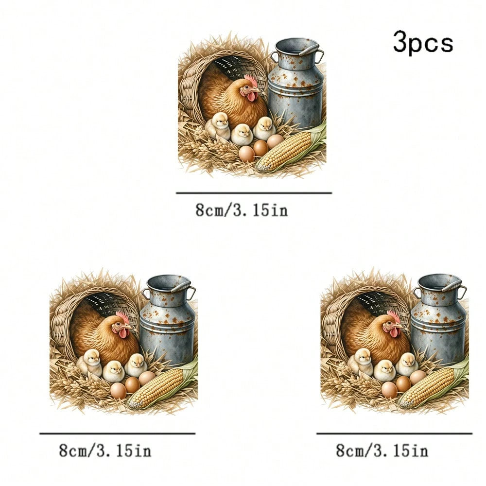 1/2/3pcs Farm Theme Heat Transfer Stickers| Country Style Hen & Chick DIY Heat Transfer Decals, Suitable For T-Shirts, Sweatshirts, Sweaters, Canvas Bags, Warm & Vintage