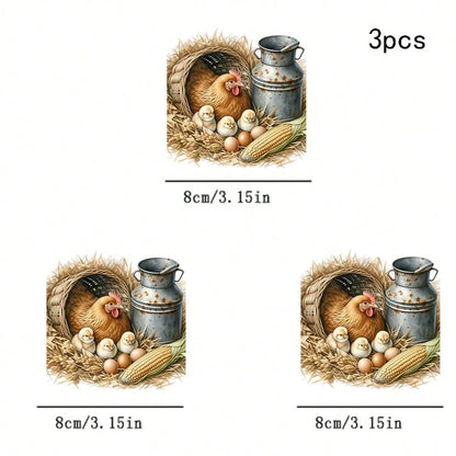 1/2/3pcs Farm Theme Heat Transfer Stickers| Country Style Hen & Chick DIY Heat Transfer Decals, Suitable For T-Shirts, Sweatshirts, Sweaters, Canvas Bags, Warm & Vintage