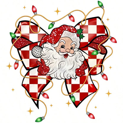 1/2/3pcs Red & White Checkerboard Glitter Bow Santa Claus Christmas Star Heat Transfer Sticker, American Cute Christmas DIY Print, Suitable For T-Shirt, Sweatshirt, Canvas Bag, Pillow
