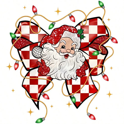 1/2/3pcs Red & White Checkerboard Glitter Bow Santa Claus Christmas Star Heat Transfer Sticker, American Cute Christmas DIY Print, Suitable For T-Shirt, Sweatshirt, Canvas Bag, Pillow