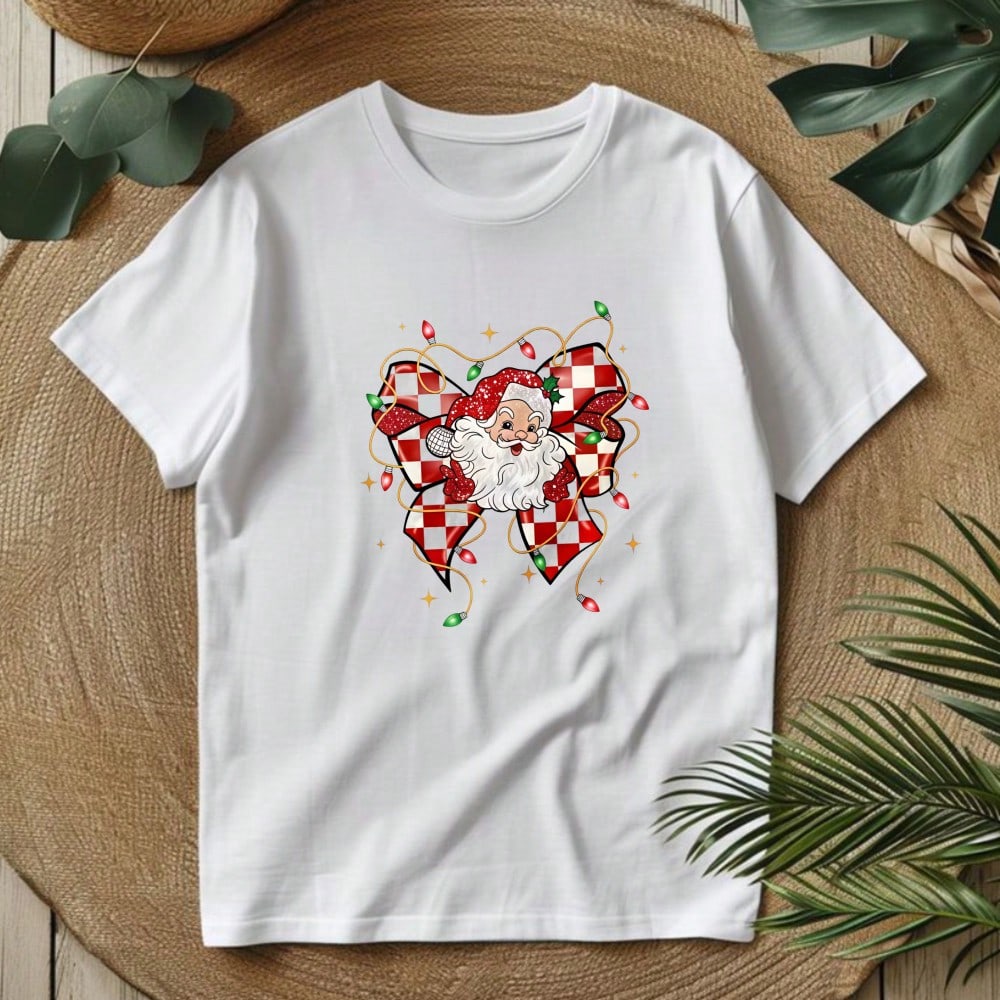 1/2/3pcs Red & White Checkerboard Glitter Bow Santa Claus Christmas Star Heat Transfer Sticker, American Cute Christmas DIY Print, Suitable For T-Shirt, Sweatshirt, Canvas Bag, Pillow