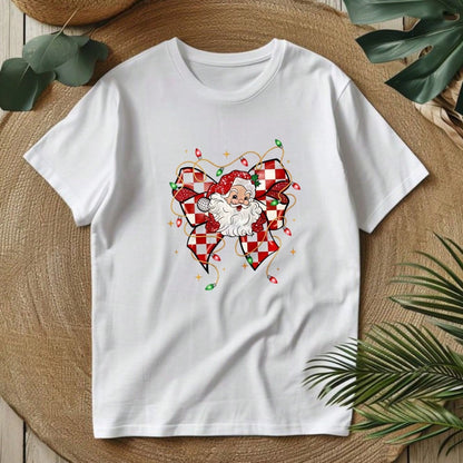 1/2/3pcs Red & White Checkerboard Glitter Bow Santa Claus Christmas Star Heat Transfer Sticker, American Cute Christmas DIY Print, Suitable For T-Shirt, Sweatshirt, Canvas Bag, Pillow