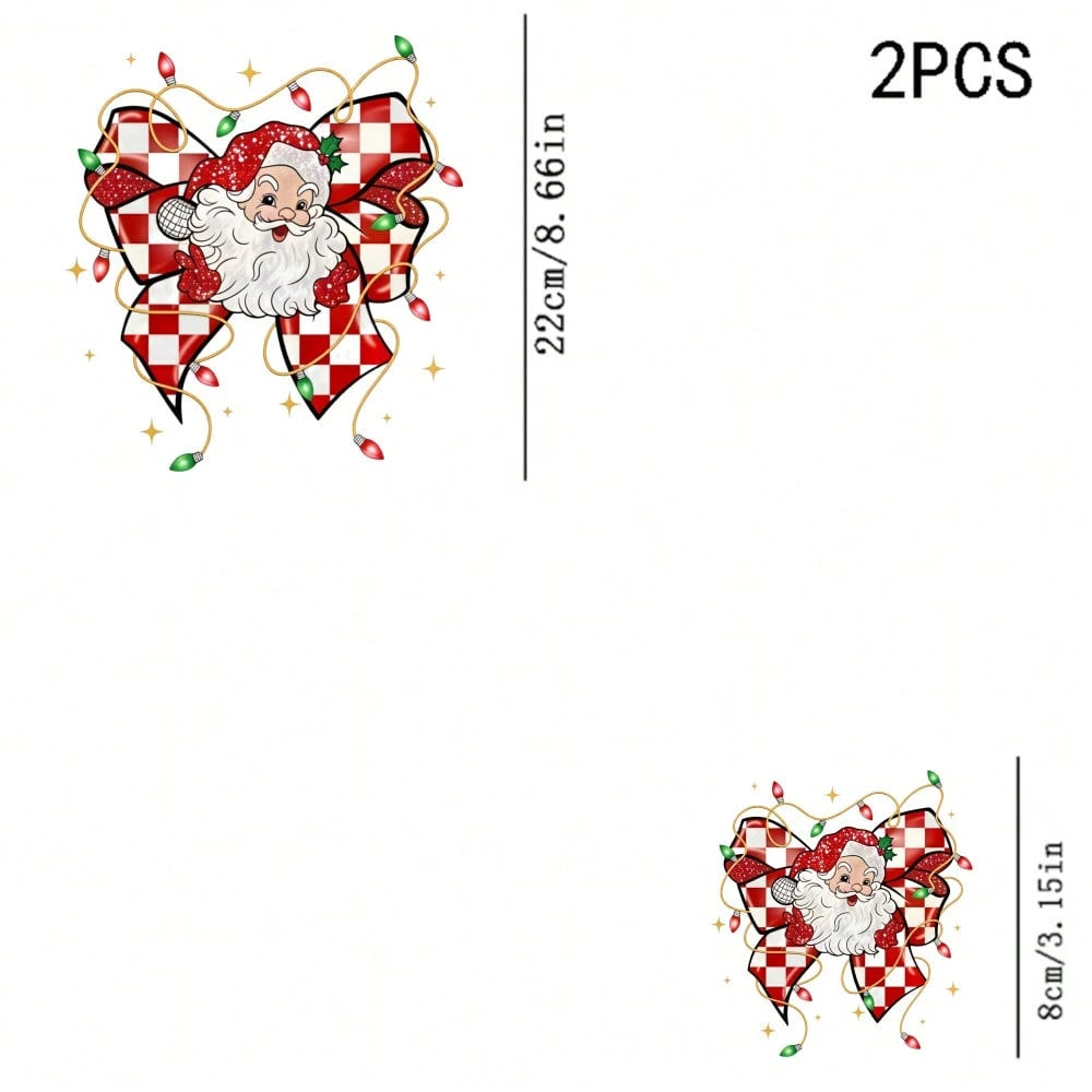 1/2/3pcs Red & White Checkerboard Glitter Bow Santa Claus Christmas Star Heat Transfer Sticker, American Cute Christmas DIY Print, Suitable For T-Shirt, Sweatshirt, Canvas Bag, Pillow