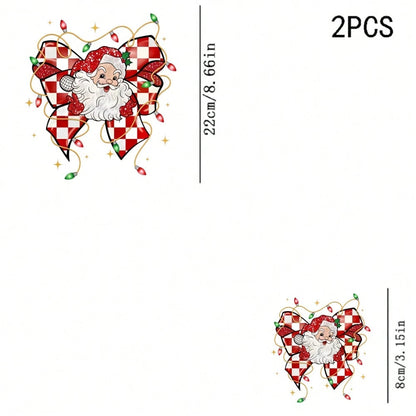 1/2/3pcs Red & White Checkerboard Glitter Bow Santa Claus Christmas Star Heat Transfer Sticker, American Cute Christmas DIY Print, Suitable For T-Shirt, Sweatshirt, Canvas Bag, Pillow