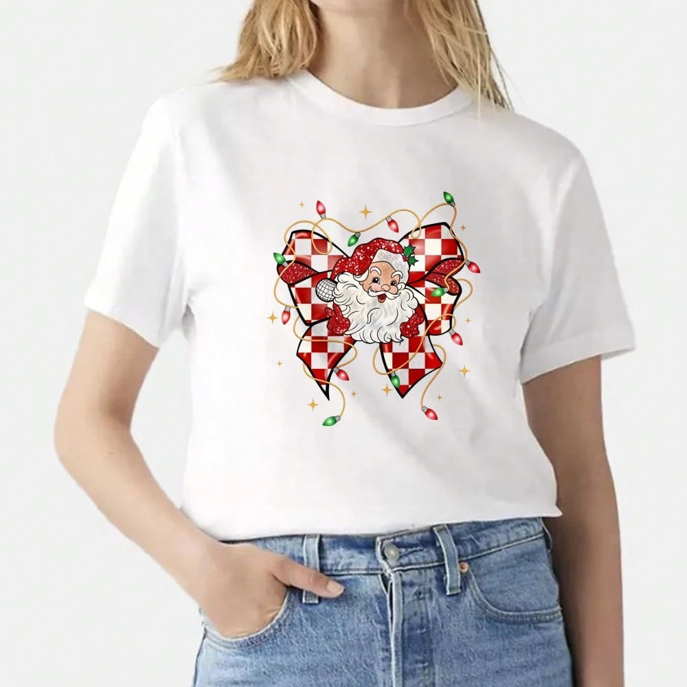 1/2/3pcs Red & White Checkerboard Glitter Bow Santa Claus Christmas Star Heat Transfer Sticker, American Cute Christmas DIY Print, Suitable For T-Shirt, Sweatshirt, Canvas Bag, Pillow