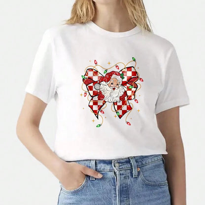 1/2/3pcs Red & White Checkerboard Glitter Bow Santa Claus Christmas Star Heat Transfer Sticker, American Cute Christmas DIY Print, Suitable For T-Shirt, Sweatshirt, Canvas Bag, Pillow