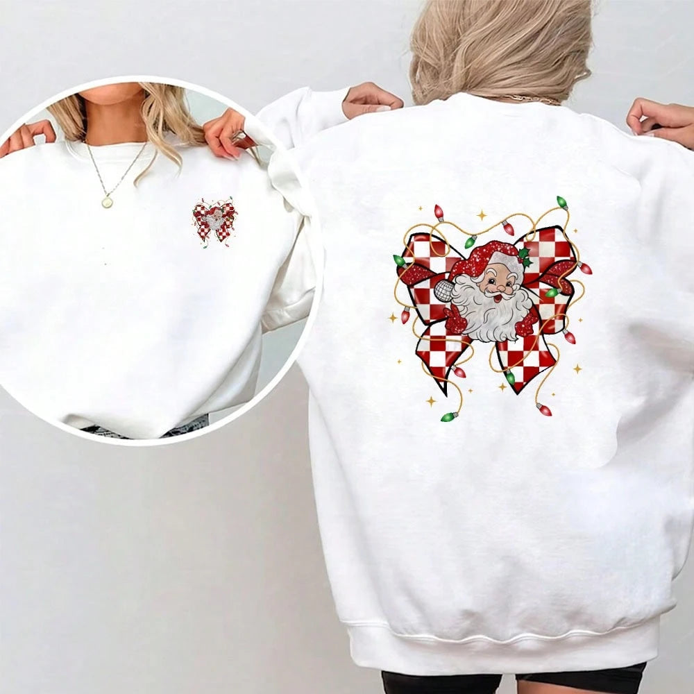 1/2/3pcs Red & White Checkerboard Glitter Bow Santa Claus Christmas Star Heat Transfer Sticker, American Cute Christmas DIY Print, Suitable For T-Shirt, Sweatshirt, Canvas Bag, Pillow