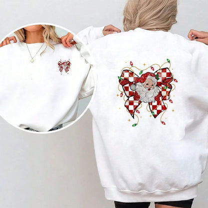 1/2/3pcs Red & White Checkerboard Glitter Bow Santa Claus Christmas Star Heat Transfer Sticker, American Cute Christmas DIY Print, Suitable For T-Shirt, Sweatshirt, Canvas Bag, Pillow