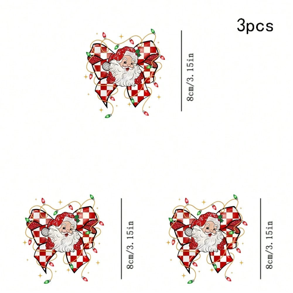 1/2/3pcs Red & White Checkerboard Glitter Bow Santa Claus Christmas Star Heat Transfer Sticker, American Cute Christmas DIY Print, Suitable For T-Shirt, Sweatshirt, Canvas Bag, Pillow