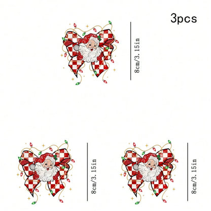 1/2/3pcs Red & White Checkerboard Glitter Bow Santa Claus Christmas Star Heat Transfer Sticker, American Cute Christmas DIY Print, Suitable For T-Shirt, Sweatshirt, Canvas Bag, Pillow