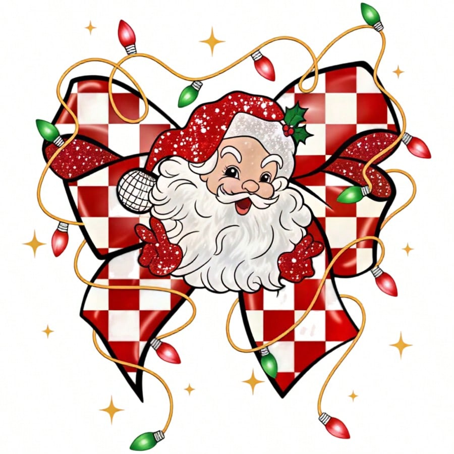 1/2/3pcs Red & White Checkerboard Glitter Bow Santa Claus Christmas Star Heat Transfer Sticker, American Cute Christmas DIY Print, Suitable For T-Shirt, Sweatshirt, Canvas Bag, Pillow