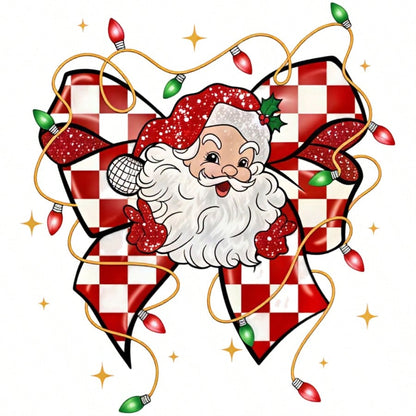 1/2/3pcs Red & White Checkerboard Glitter Bow Santa Claus Christmas Star Heat Transfer Sticker, American Cute Christmas DIY Print, Suitable For T-Shirt, Sweatshirt, Canvas Bag, Pillow