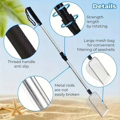 1/2/3pcs Telescopic Beach Sand Scoop, Metal Mesh Sand Sifter Shovel With Long Handle For Shells, Coins, Treasure Hunting & Outdoor Beach Use