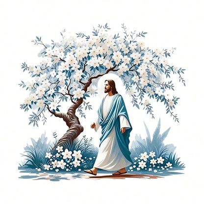 1/2/3PCS Watercolor Style Jesus And White Flower Tree Heat Transfer, Religious Theme Blue And White Color Scheme Figure And Floral Pattern Heat Transfer, Vinyl Print, Heat Transfer Sticker, Iron-On Tr