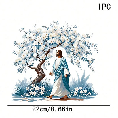 1/2/3PCS Watercolor Style Jesus And White Flower Tree Heat Transfer, Religious Theme Blue And White Color Scheme Figure And Floral Pattern Heat Transfer, Vinyl Print, Heat Transfer Sticker, Iron-On Tr