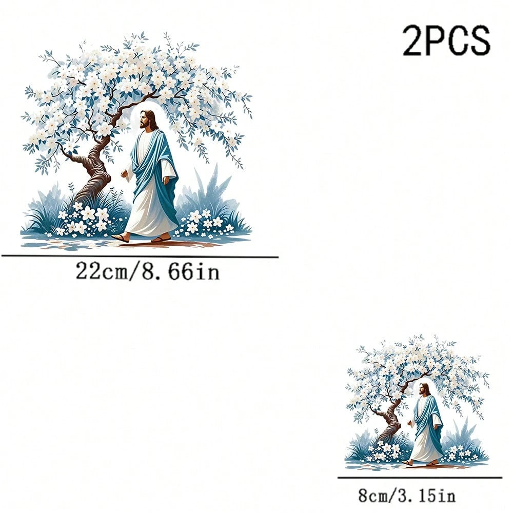 1/2/3PCS Watercolor Style Jesus And White Flower Tree Heat Transfer, Religious Theme Blue And White Color Scheme Figure And Floral Pattern Heat Transfer, Vinyl Print, Heat Transfer Sticker, Iron-On Tr