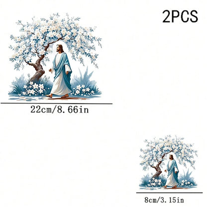 1/2/3PCS Watercolor Style Jesus And White Flower Tree Heat Transfer, Religious Theme Blue And White Color Scheme Figure And Floral Pattern Heat Transfer, Vinyl Print, Heat Transfer Sticker, Iron-On Tr