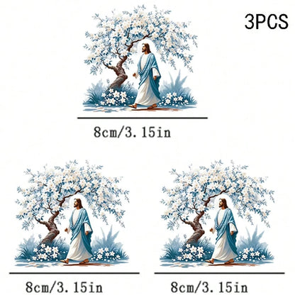 1/2/3PCS Watercolor Style Jesus And White Flower Tree Heat Transfer, Religious Theme Blue And White Color Scheme Figure And Floral Pattern Heat Transfer, Vinyl Print, Heat Transfer Sticker, Iron-On Tr