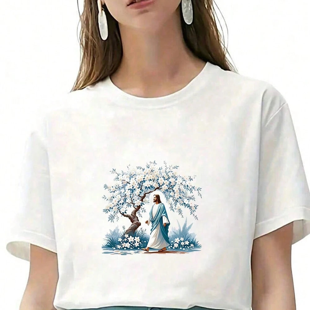 1/2/3PCS Watercolor Style Jesus And White Flower Tree Heat Transfer, Religious Theme Blue And White Color Scheme Figure And Floral Pattern Heat Transfer, Vinyl Print, Heat Transfer Sticker, Iron-On Tr