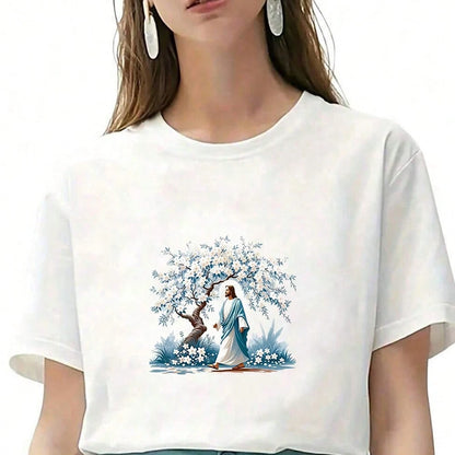 1/2/3PCS Watercolor Style Jesus And White Flower Tree Heat Transfer, Religious Theme Blue And White Color Scheme Figure And Floral Pattern Heat Transfer, Vinyl Print, Heat Transfer Sticker, Iron-On Tr