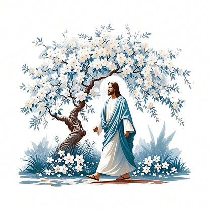 1/2/3PCS Watercolor Style Jesus And White Flower Tree Heat Transfer, Religious Theme Blue And White Color Scheme Figure And Floral Pattern Heat Transfer, Vinyl Print, Heat Transfer Sticker, Iron-On Tr