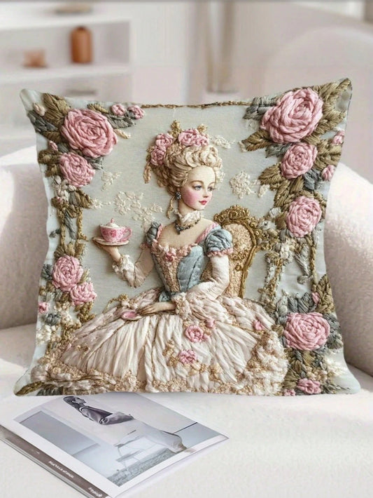 1/2/4 Pcs 17.7x17.7 Inch Elegant Polyester Throw Pillow Covers, Vintage Lady & Floral Pattern- Zippered, Washable, Suitable For Office, Bedroom, Living Room Decorative Pillow Covers (Pillow Insert No