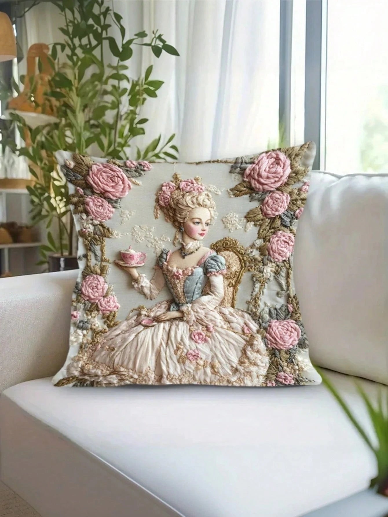 1/2/4 Pcs 17.7x17.7 Inch Elegant Polyester Throw Pillow Covers, Vintage Lady & Floral Pattern- Zippered, Washable, Suitable For Office, Bedroom, Living Room Decorative Pillow Covers (Pillow Insert No