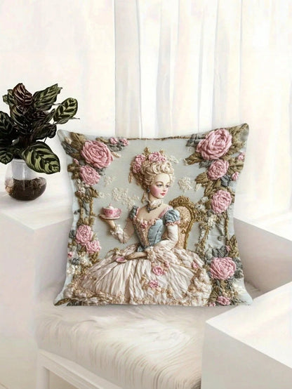 1/2/4 Pcs 17.7x17.7 Inch Elegant Polyester Throw Pillow Covers, Vintage Lady & Floral Pattern- Zippered, Washable, Suitable For Office, Bedroom, Living Room Decorative Pillow Covers (Pillow Insert No