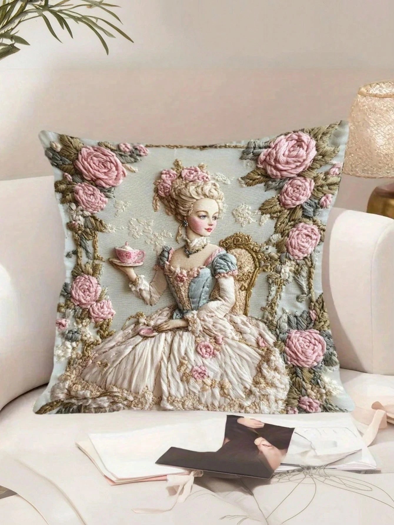 1/2/4 Pcs 17.7x17.7 Inch Elegant Polyester Throw Pillow Covers, Vintage Lady & Floral Pattern- Zippered, Washable, Suitable For Office, Bedroom, Living Room Decorative Pillow Covers (Pillow Insert No
