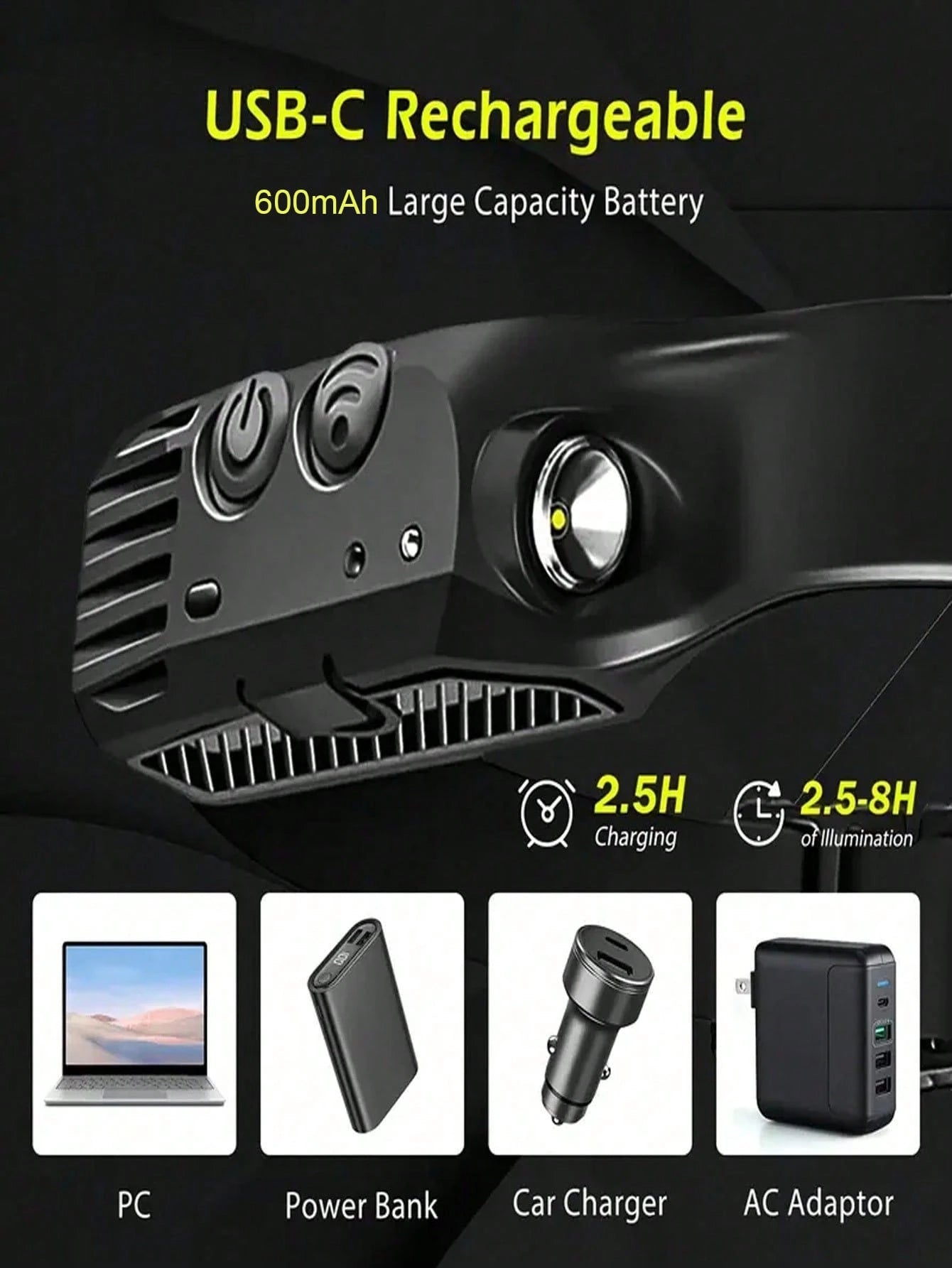 1/2/4pcs Waterproof Rechargeable Headlamp, 5 Ultra-Bright LED Lights, 4 Lighting Modes, Built-In 18650 Lithium Battery 600mAh, Powerful Flashlight, Suitable For Fishing, Night Riding, Adjustable Head