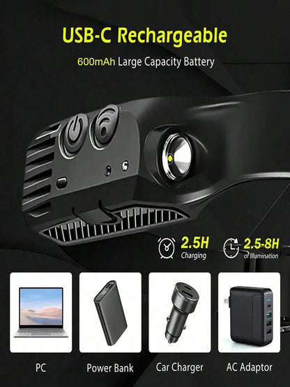 1/2/4pcs Waterproof Rechargeable Headlamp, 5 Ultra-Bright LED Lights, 4 Lighting Modes, Built-In 18650 Lithium Battery 600mAh, Powerful Flashlight, Suitable For Fishing, Night Riding, Adjustable Head